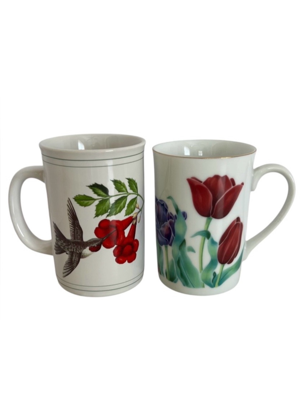 Vintage Otagari Sheila Brown Tulips Cup Gold Trim & Hummingbird Floral Mug Lot